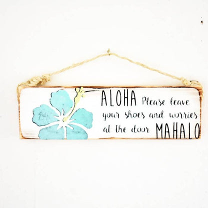 Aloha Please Remove Shoes Wood Sign -  Hawaiian Floral Design - Wood Sign